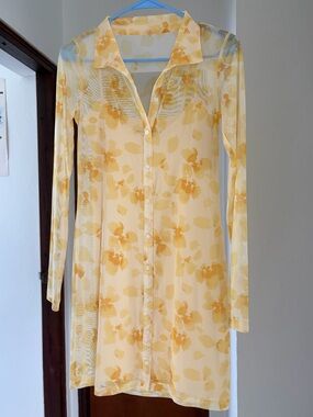 Abercrombie & Fitch Yellow Floral Long-Sleeve Sheer Dress